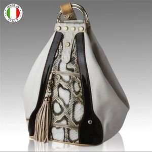 Marino Orlandi Italian Designer Chic Cream &Python Leather Convertible Backpack